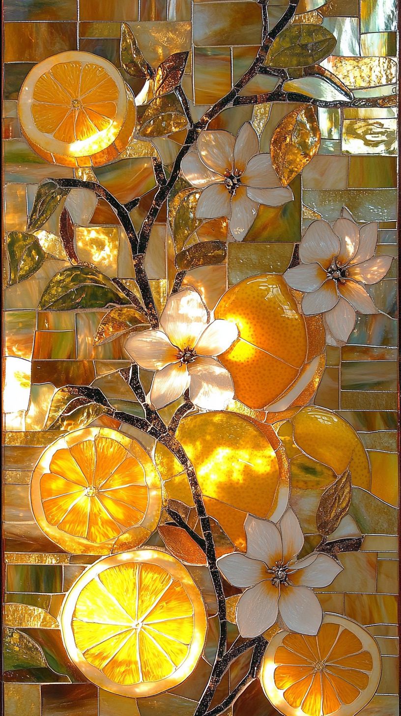 Stained glass of oranges, blossoms and leaves glowing in amber and gold