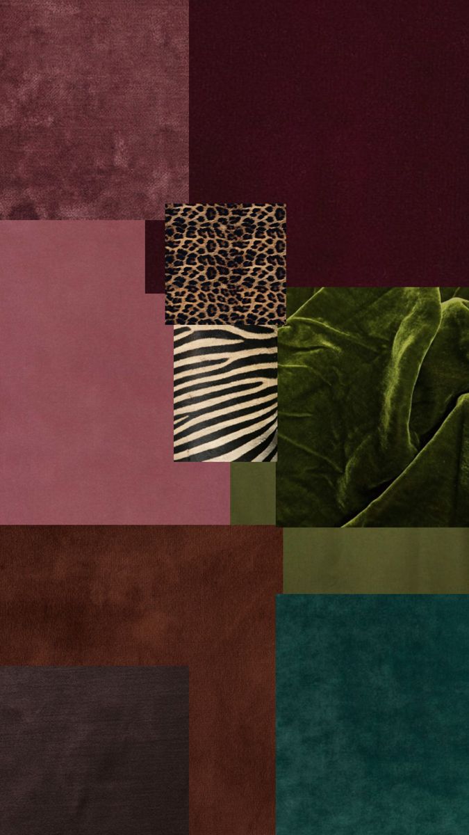 Moodboard of velvet, leopard, zebra and rich color swatches