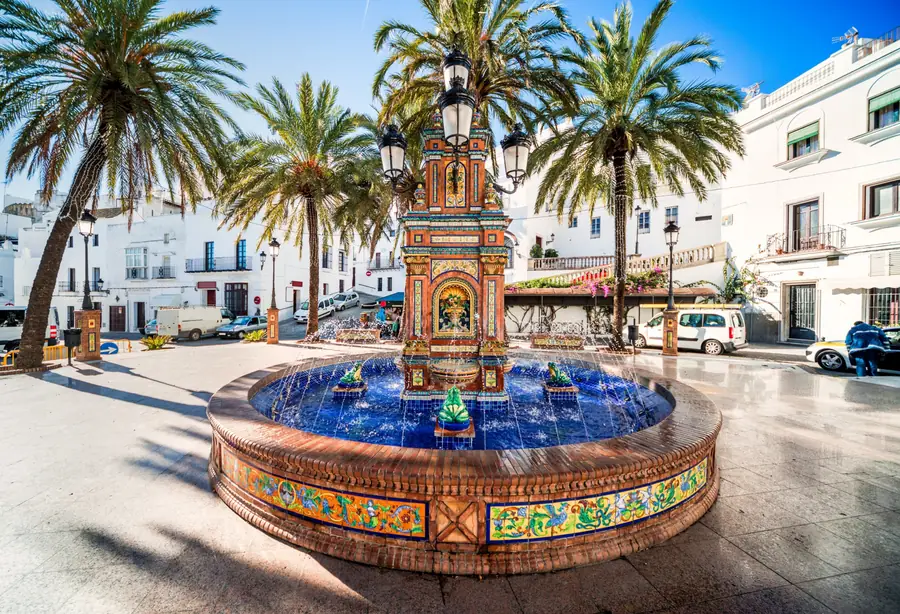 Ornate tiled fountain in Plaza de España, Vejer de la Frontera, Andalusia
