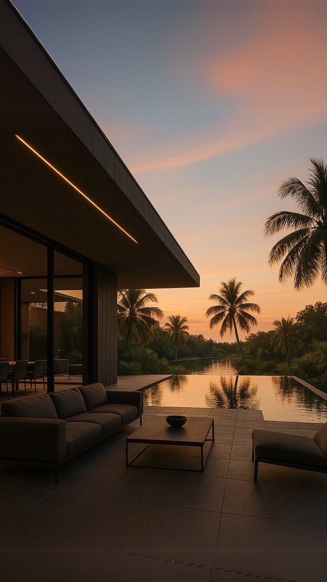 Modern villa with infinity pool, palms and a pink sunset sky