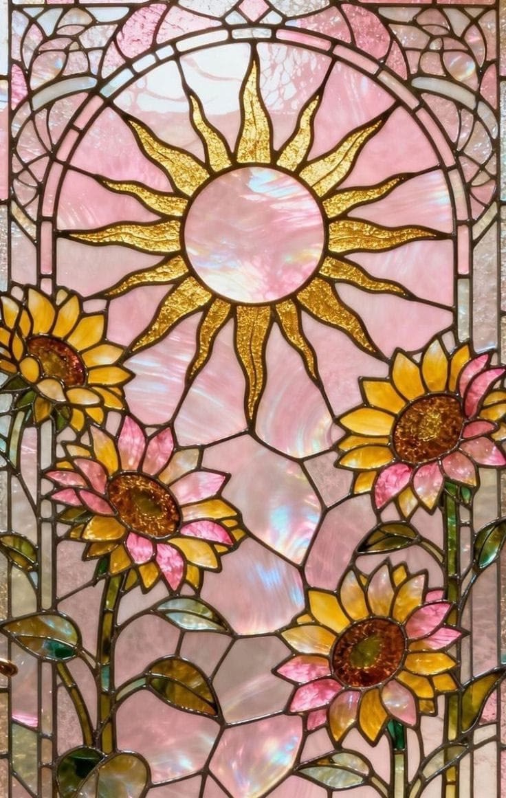 Stained glass panel with a golden sun and sunflowers on pink glass