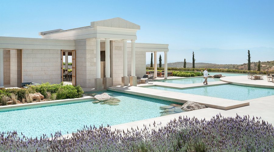 Amanzoe arrival pavilion and reflecting pools, Porto Heli