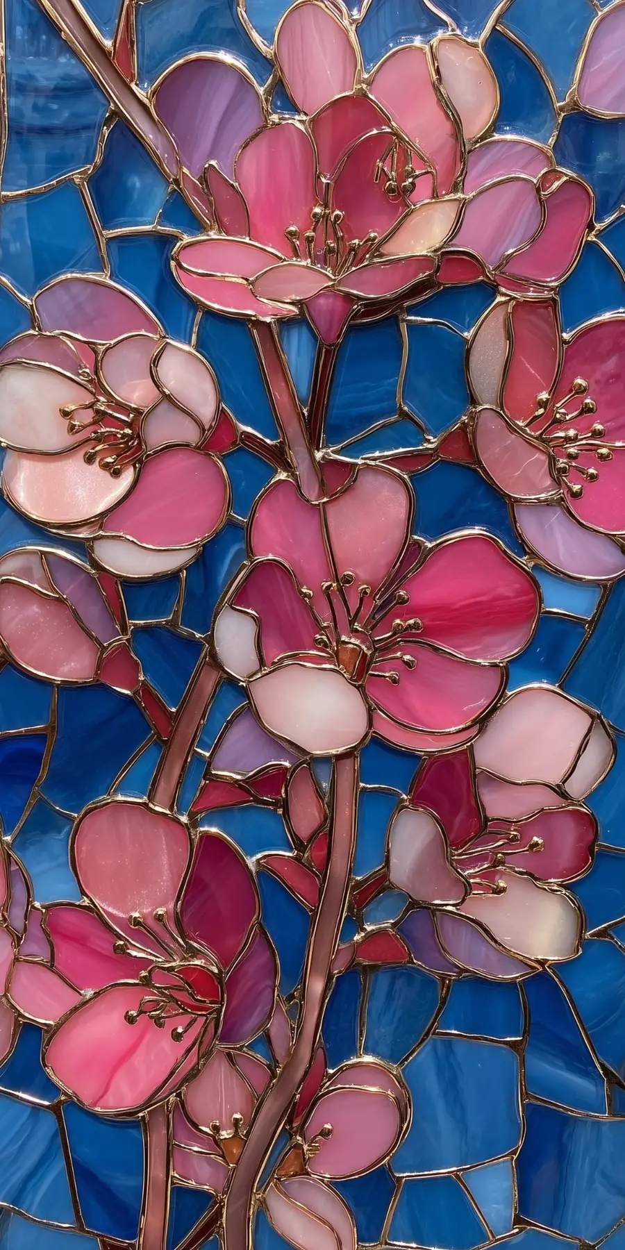 Stained glass cherry blossoms in pink and gold on a deep blue ground