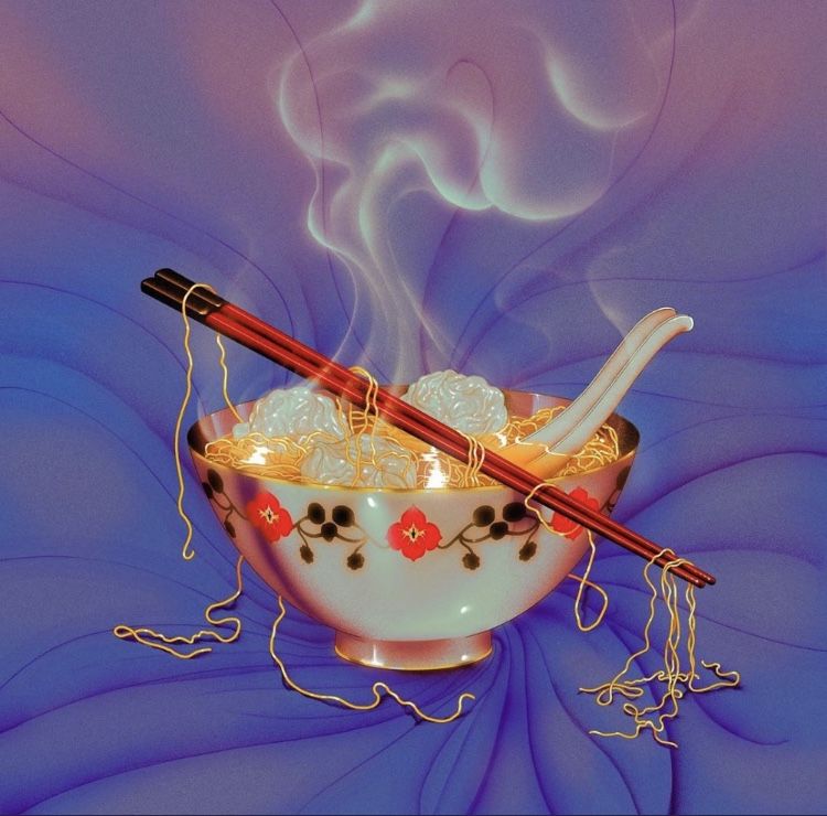 Airbrushed ramen bowl with red chopsticks and steam on a purple silk swirl backdrop