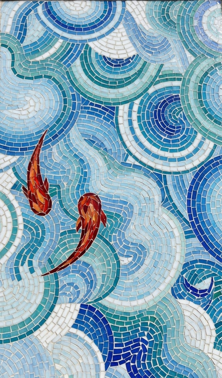 Mosaic of koi fish swimming through blue circular currents