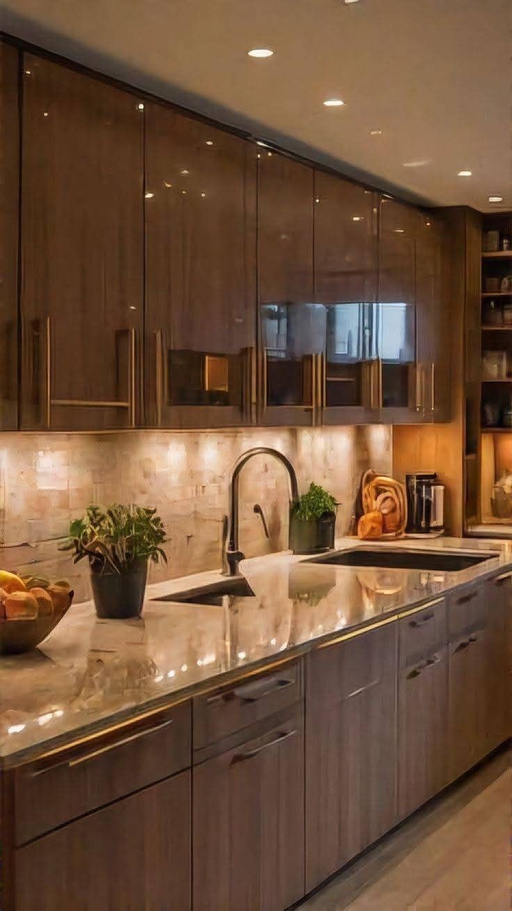 Glossy walnut kitchen cabinets with marble counters and warm under-cabinet light
