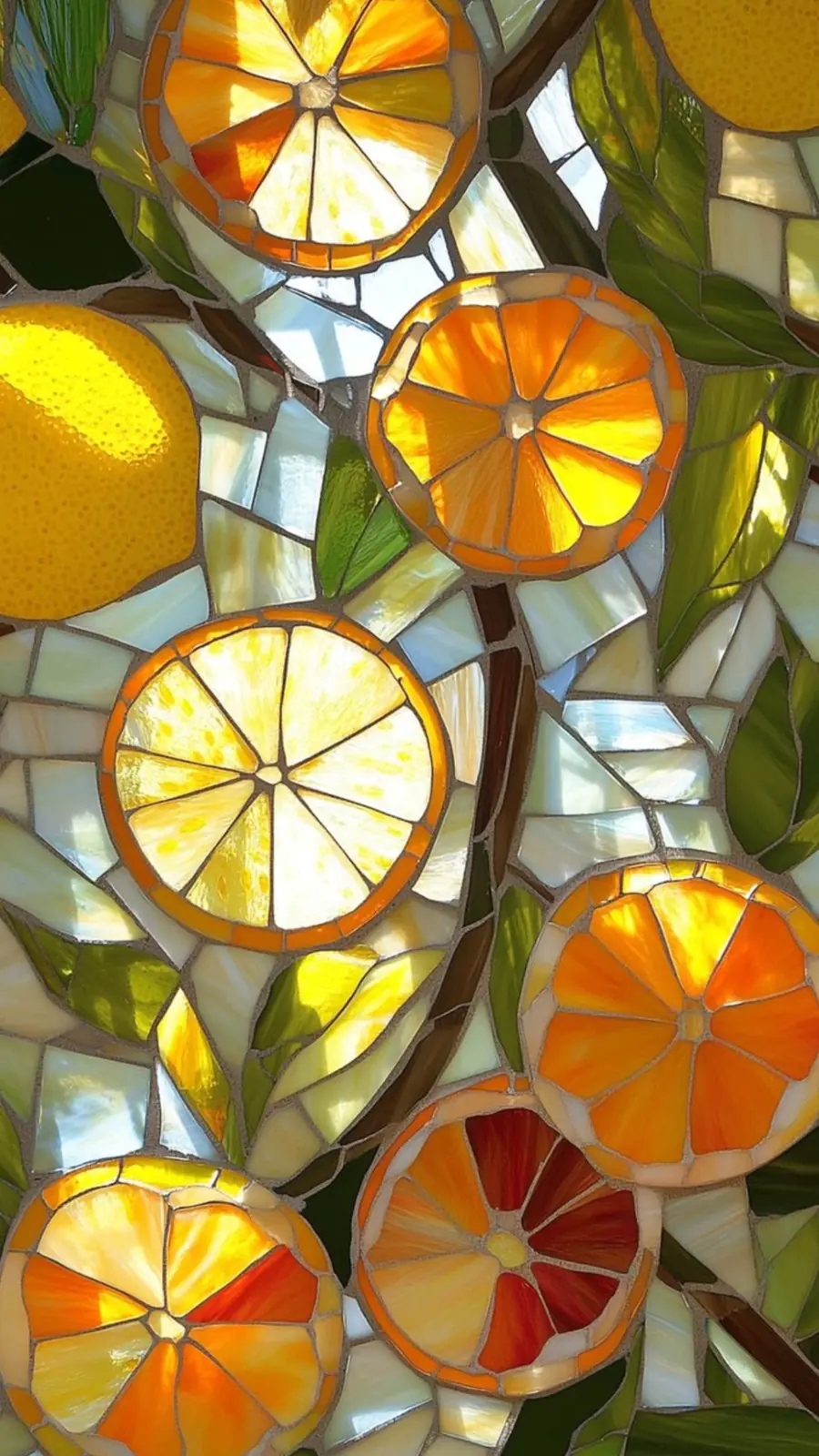 Stained glass panel of glowing citrus slices among green leaves