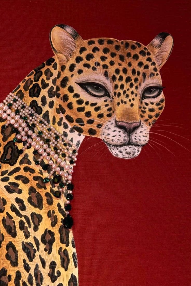 Painted leopard adorned with strands of pearls on a red ground