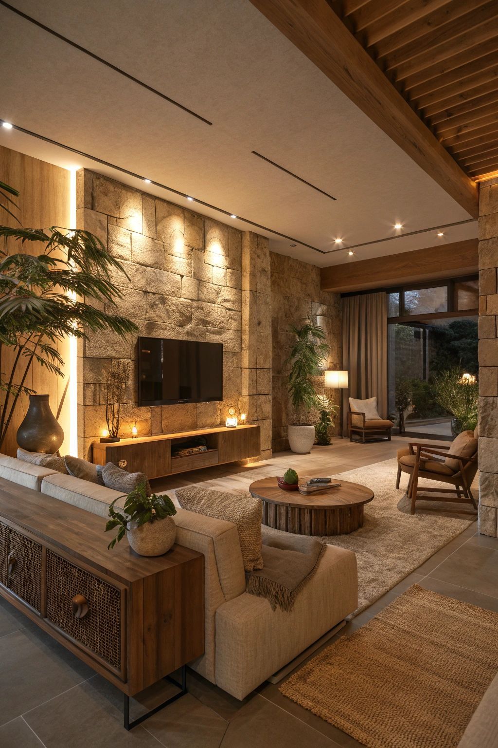 Warm living room with stacked stone wall, wood beams and ambient lighting