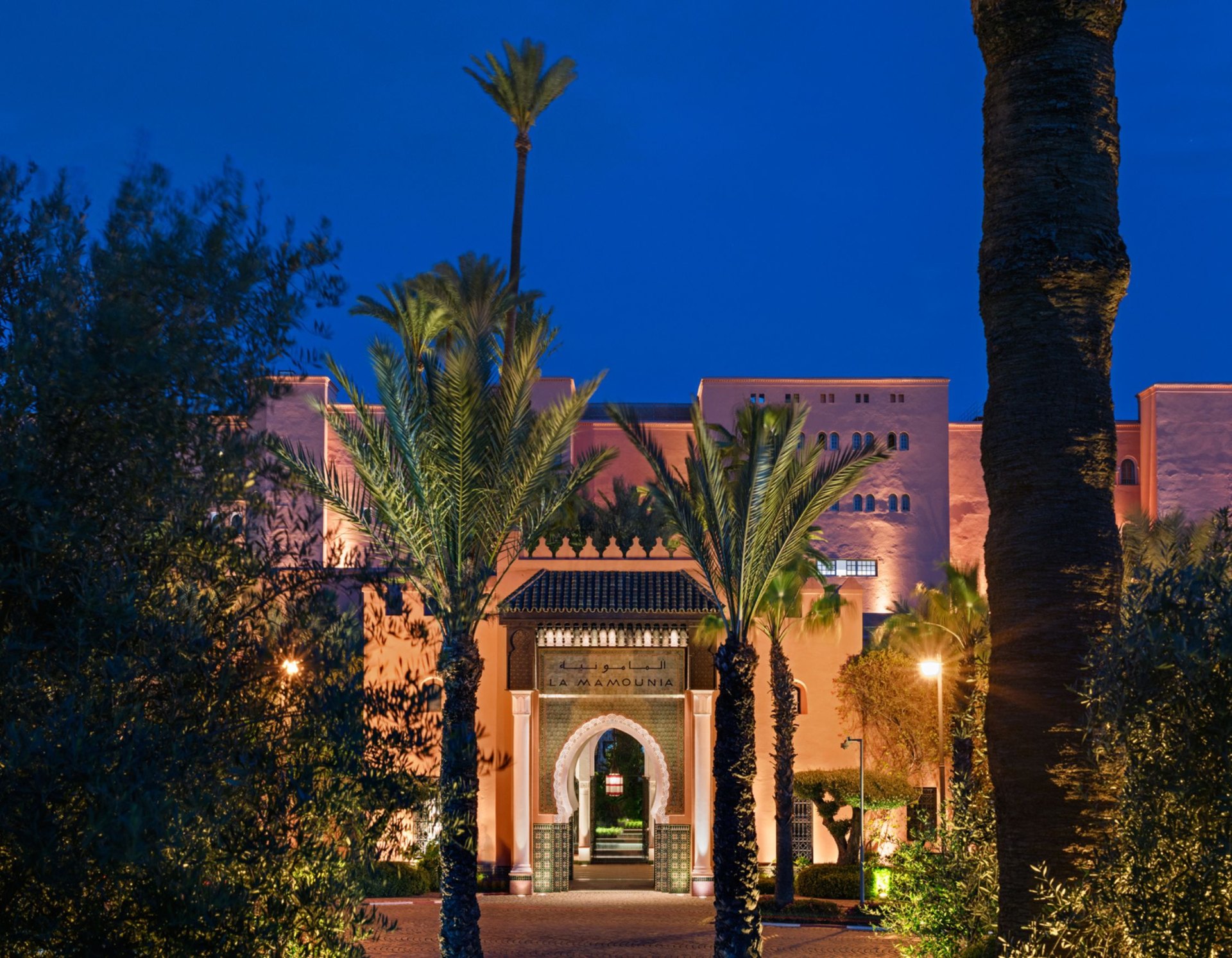 Evening entrance to La Mamounia, Marrakech