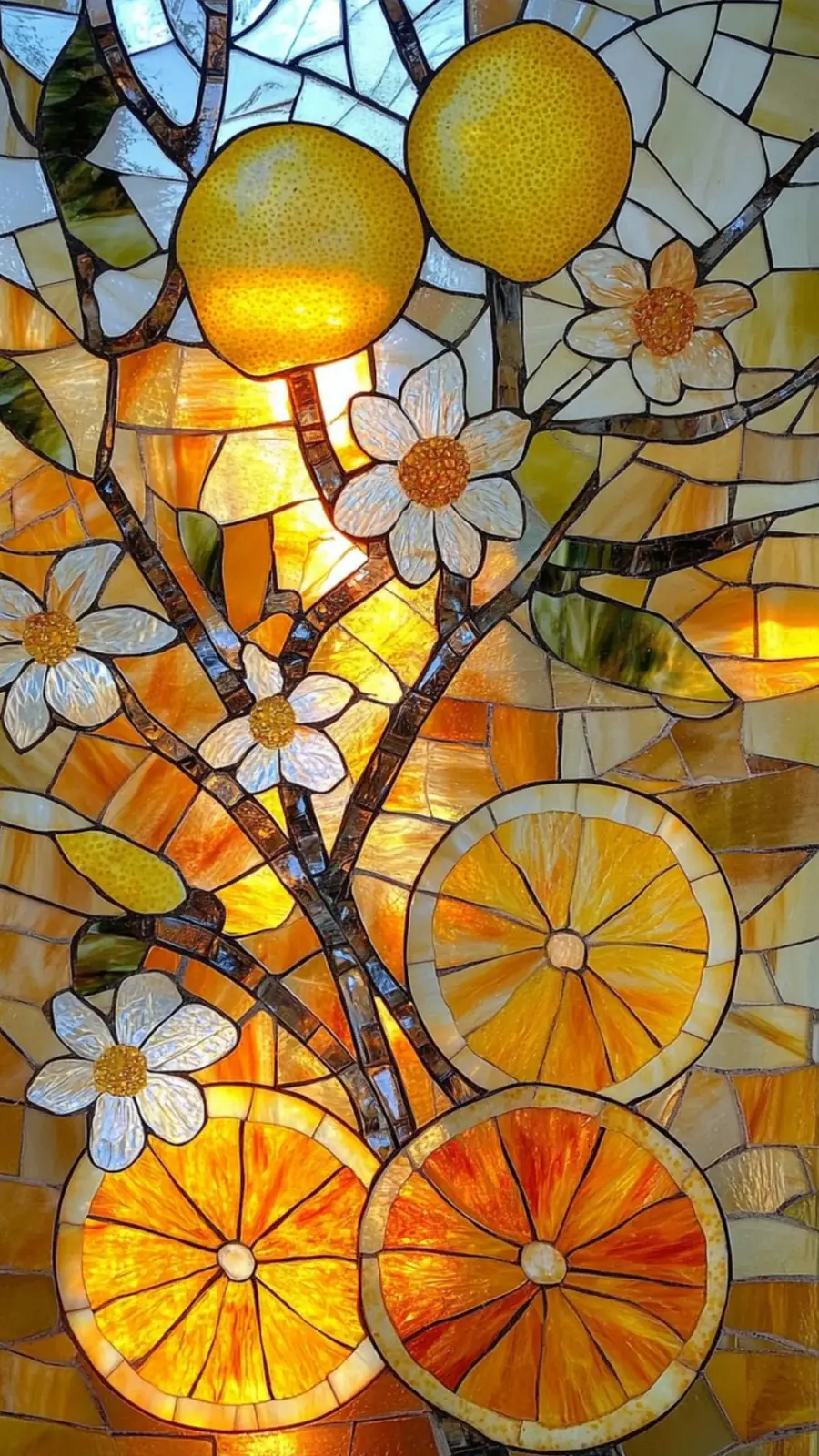 Stained glass of lemons, blossoms and orange slices glowing amber