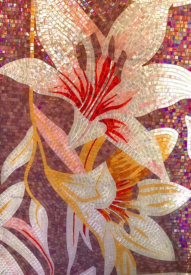 Iridescent mosaic of a white lily with red stamens on a shimmering ground